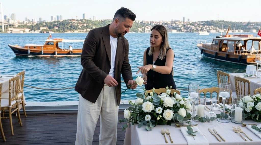 Leorad Events specialists styling wedding table florals at a waterfront venue
